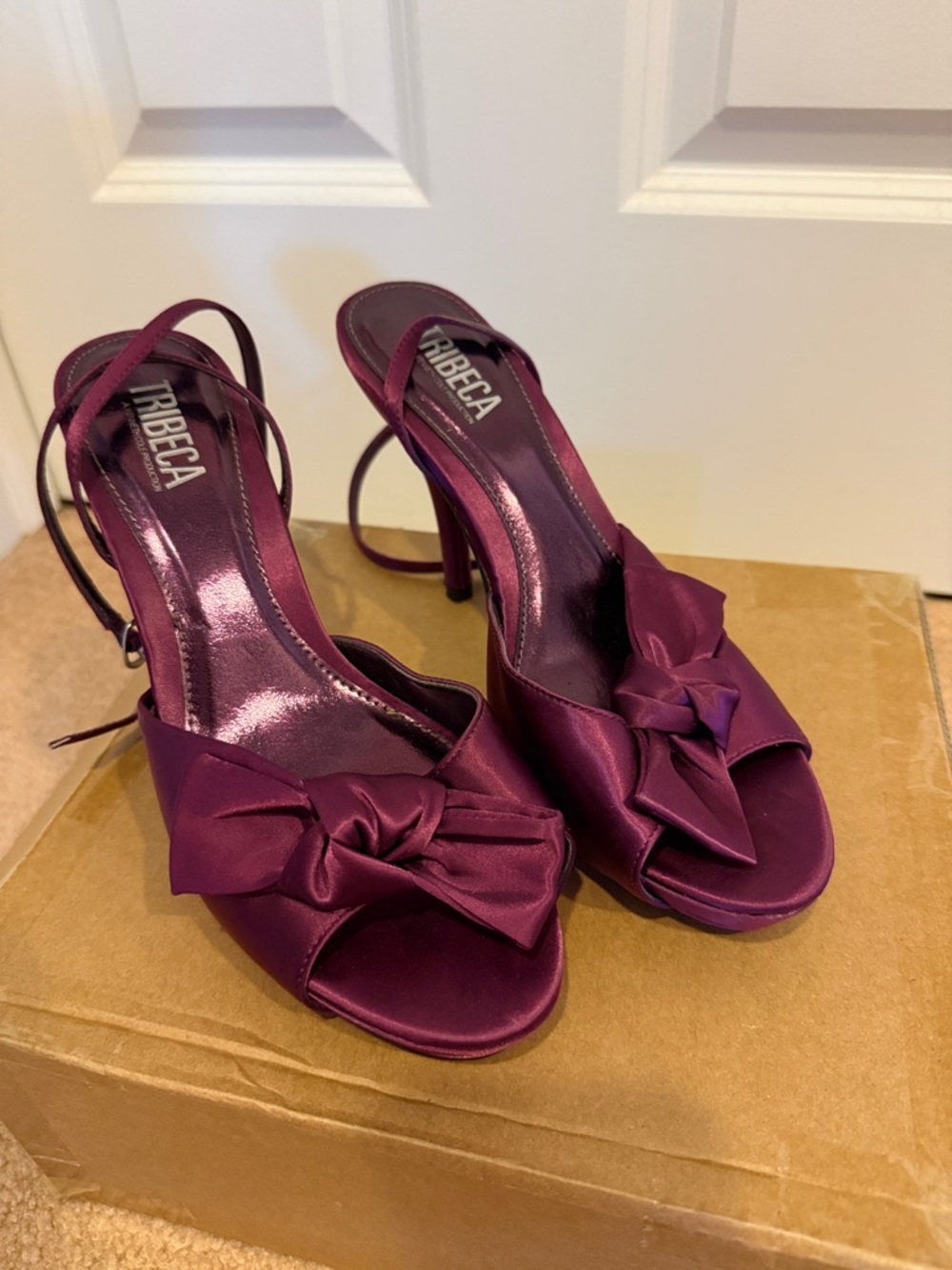 Tribeca by Kenneth Cole Deep Plum Satin Bow Peep-Toe Heels